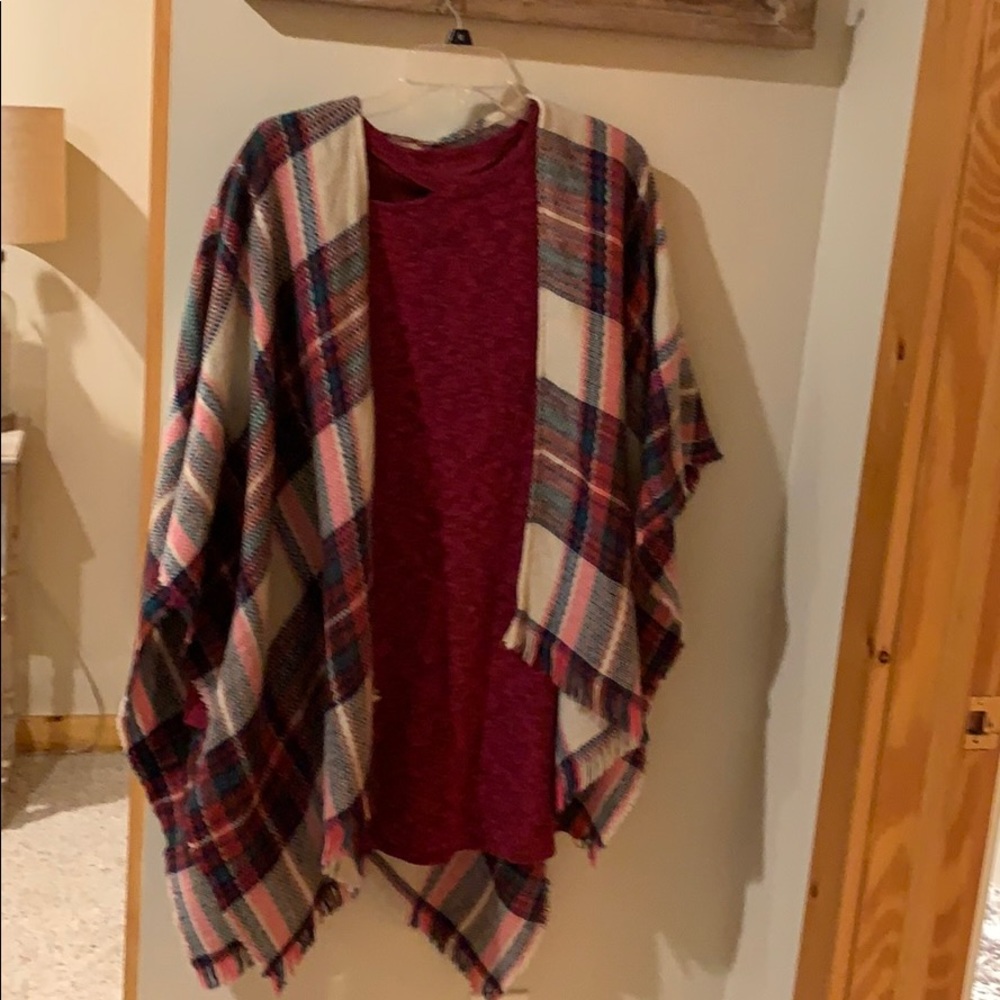 Sweater Dress long sleeve w/ plaid poncho.
